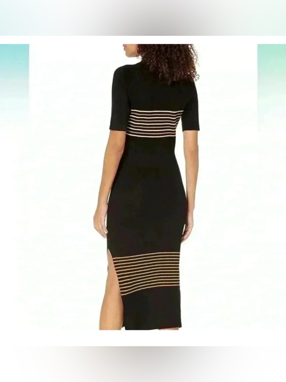 MONROW Light Soft Knit Stripe Black Gold Old Money Bodycon Midi Dress Size M
